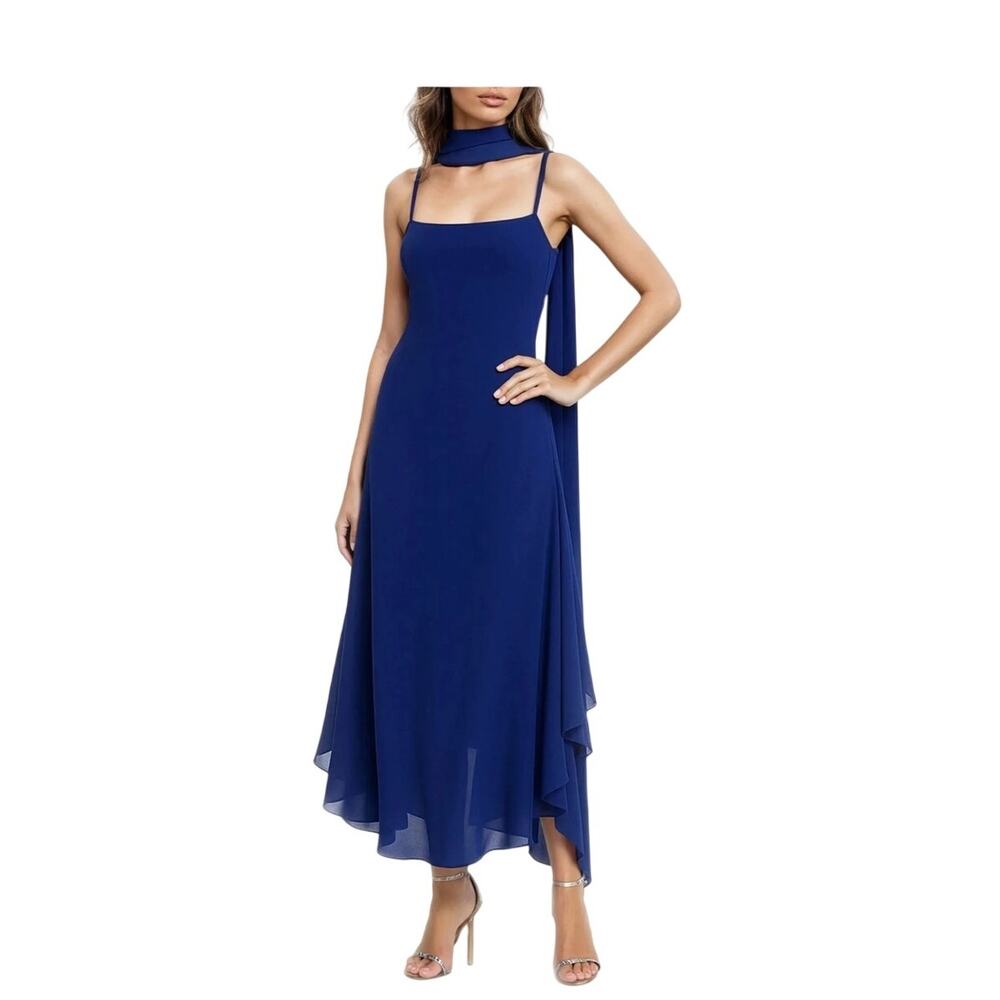 Jewel Badgley Mischka J0543 Square Neck Midi Chiffon Navy High Low Dress 12